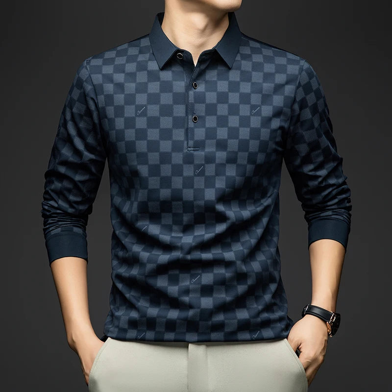 BROWON Polo Shirts for Man Autumn Business Slim Fit Long Sleeve T Shirt Men 2026 New Casual Loose Pullover Plaid Men Tops & Tees