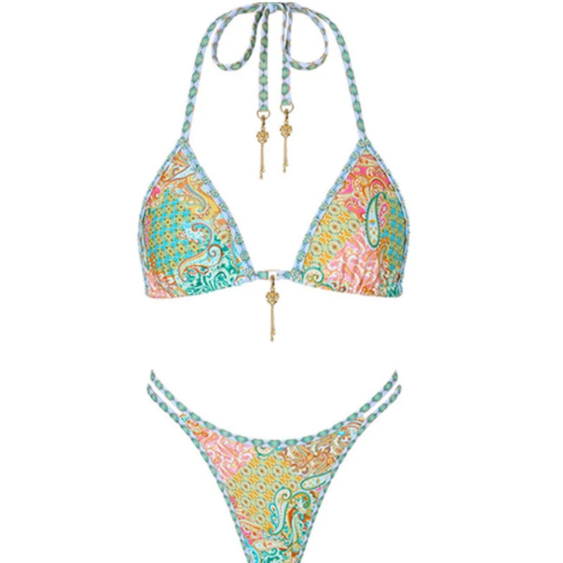 2025 Tropical Plant Lace Up Summer Swimsuit Hot Woman Sleeveless Halter Micro Thong Bikini Set Ladies Beach Swim Bathing Suit