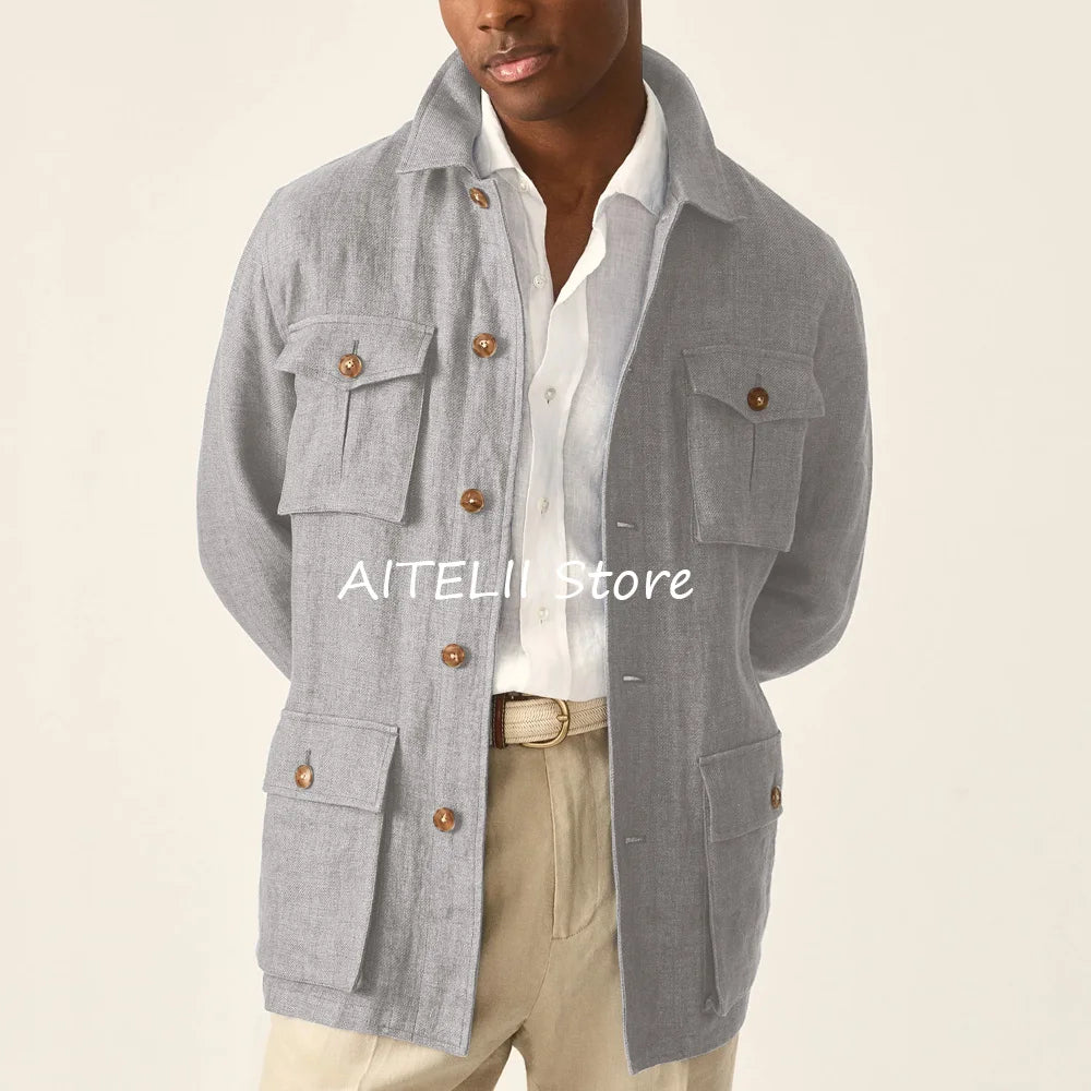 Suit Jackets Linen Elegant Sack of Man Men's Jacket Blazers for Man Lapel Suits Single-breasted Casual Clothes Four Pockets