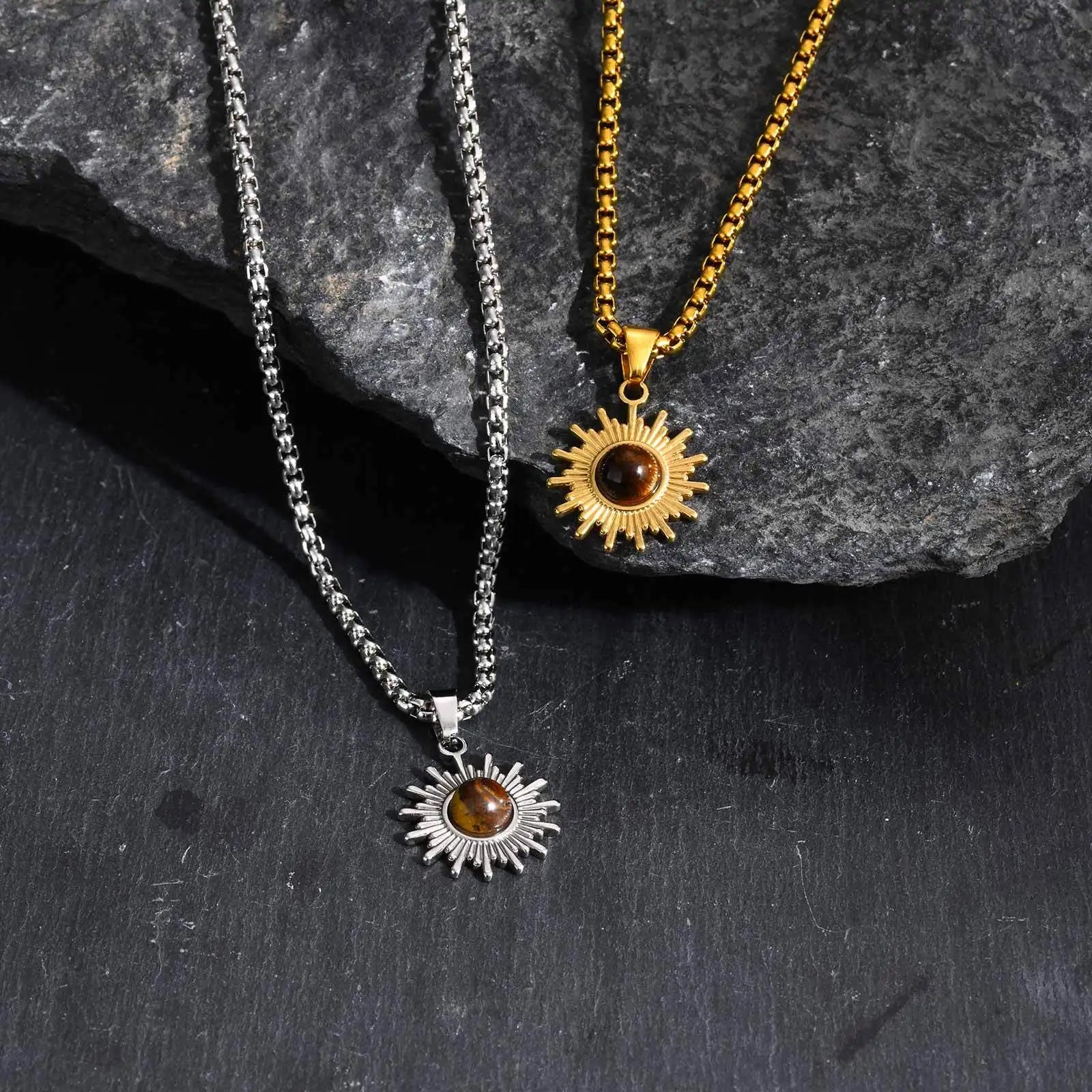 Trendy Sunflower Necklace for Men Boys,Stainless Steel Natural Stone Pendant,Jewelry Gift for Husband Dad Son BBF