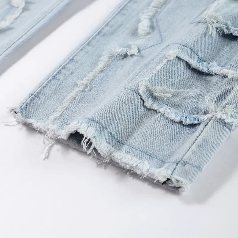 Men Jeans Ripped Vintage Tassel Wash Old Slim Stacked Patch Hip Hop Pencil Denim Man Pants 2026 Streetwear Male Long Trousers