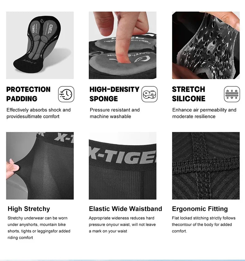 X-TIGER High Performance Breathable Cycling Underwear Men 5D Silicone Pad 3D Cutting Moisture Wicking Road Cycling Shorts