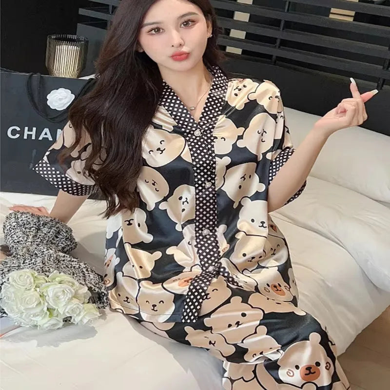 Ice Silk Pajamas Women Summer Short Sleeve Trousers Cartoon Bear Pajamas Cardigan Green Letter Sleepwear Homewear Set Kimono