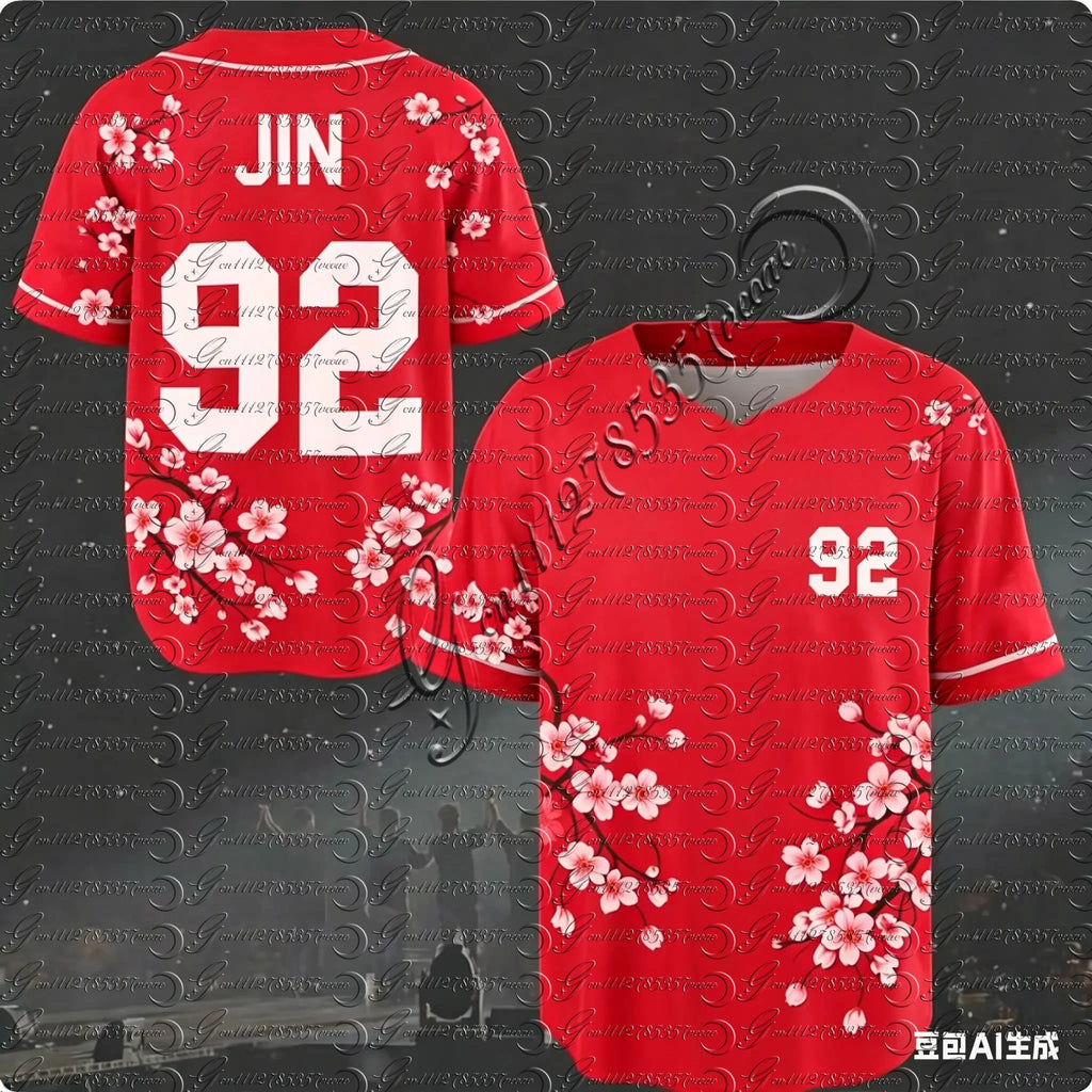 J-HOPE 94 Cherry Blossom Baseball Jersey, Floral Print Short Sleeve Shirt, Kpop Fans Casual Streetwear Tops for Kids&Youth
