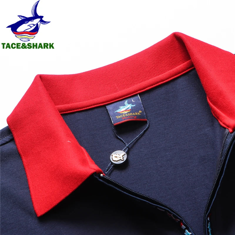 TACE&SHARK Solid Color Embroidery Polo Shirt Summer Fashion Men Business Shark Polos Tops Mens Casual Dark Blue White Clothing