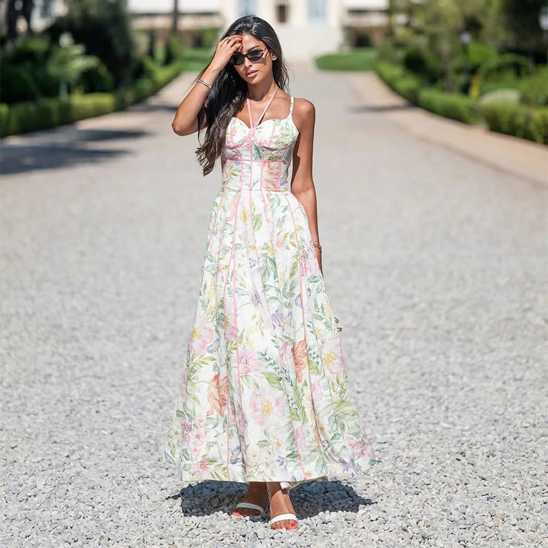Elegant Printed Women's Dress Sleeveless Halter Waist-Closed A-Line Lady Dresses 2026 Spring Summer Female Robe New
