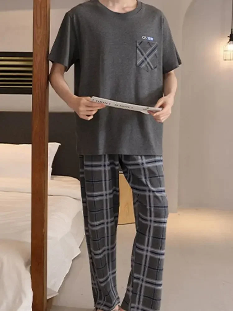 SUKAE Mens Plus Size L-5XL Homewear Summer Cotton Short Sleeve Full Pants Pajamas Set for Man Leisure Sleepwear Trendy Nightwear