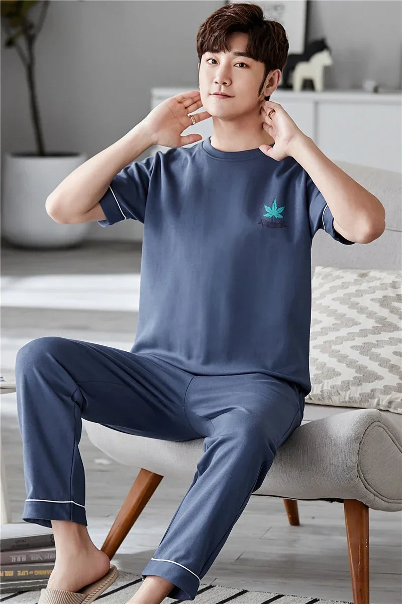 SUKAE Mens Plus Size L-5XL Homewear Summer Cotton Short Sleeve Full Pants Pajamas Set for Man Leisure Sleepwear Trendy Nightwear