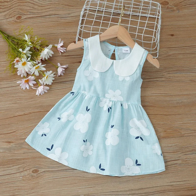 2026 Summer Baby Girls Korean Version Style Sleeveless Peter Pan Collar Sundress Children Cotton Linen Princess Dress 0-6Years