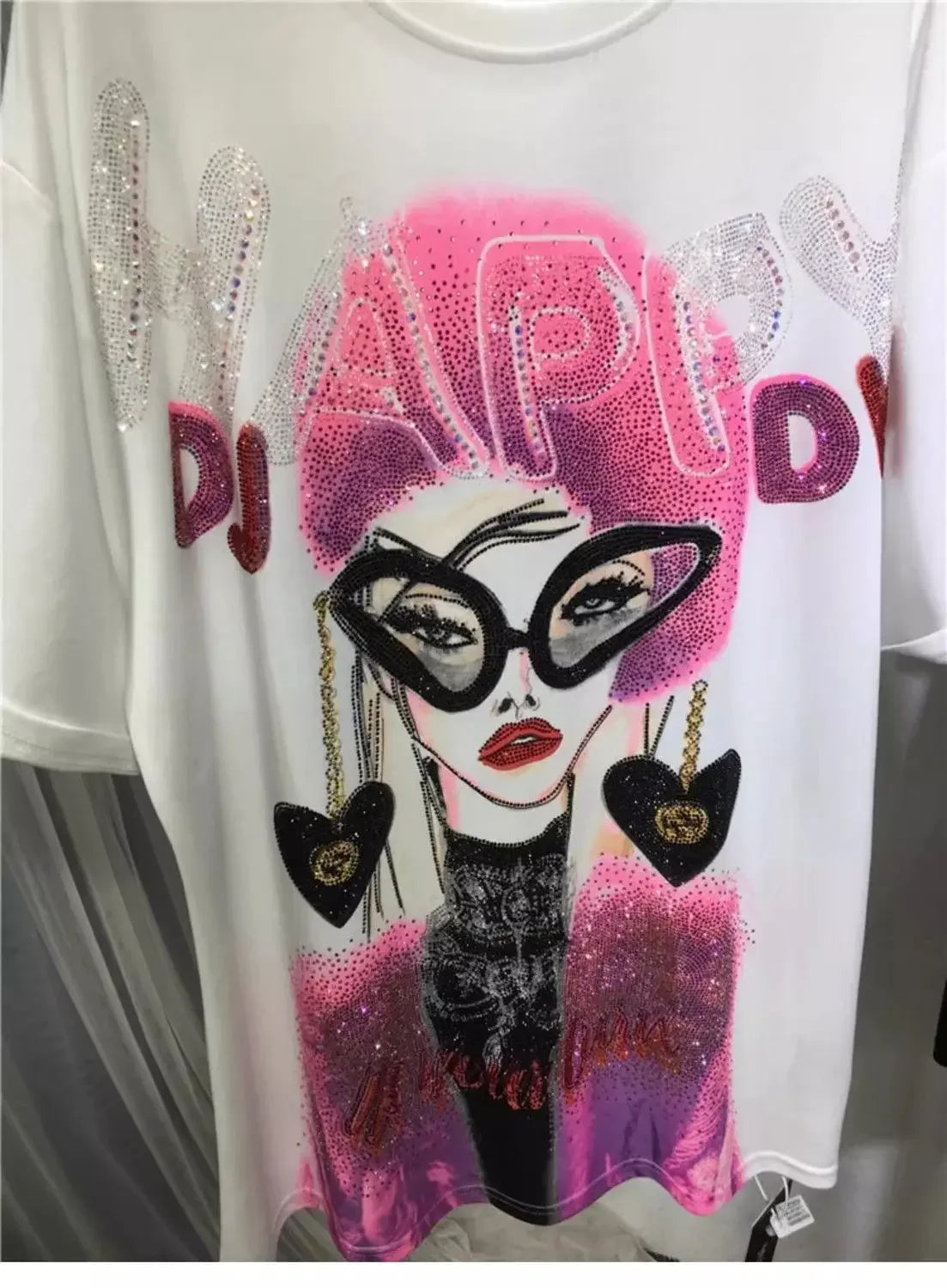 L-4XL Plus Size Casual T Shirts for Women Cartoon Lady Rhinestone Summer Short Sleeve Loose Tops Womens Clothing Женская Одежда