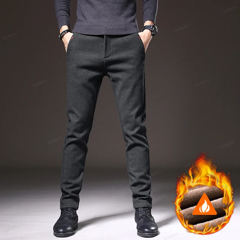 Winter Fleece Warm Men's Brushed Fabric Casual Pants Outdoors Business Thick Velvet Cotton Flocking PlushTrousers Male 28-38