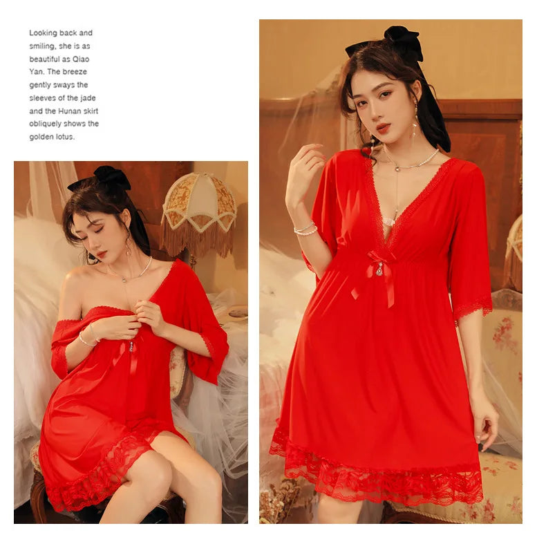 Fdfklak M-3XL Women’s Nightgowns Sexy Lace Deep V Neck Sleepshirt Mesh Short Sleeve Summer Nightdress Female Nightwear Dress