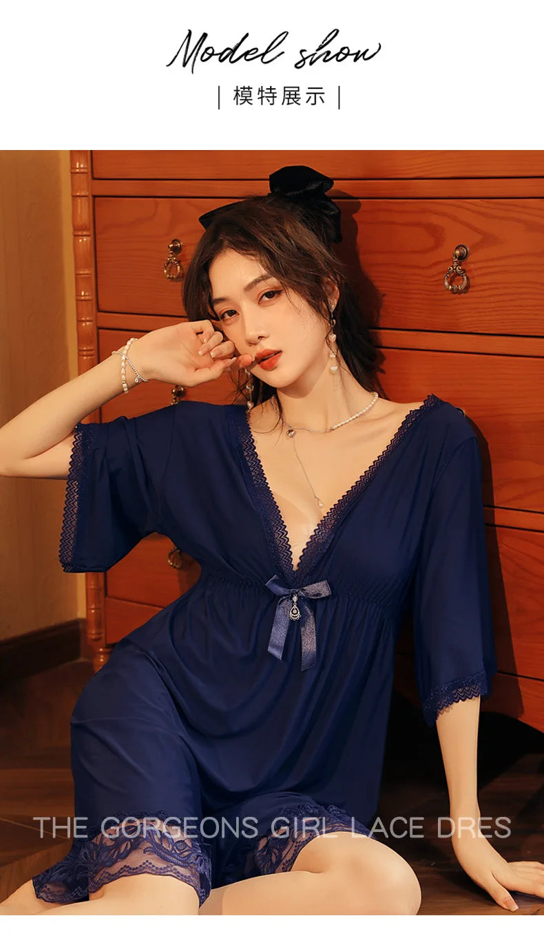 Fdfklak M-3XL Women’s Nightgowns Sexy Lace Deep V Neck Sleepshirt Mesh Short Sleeve Summer Nightdress Female Nightwear Dress