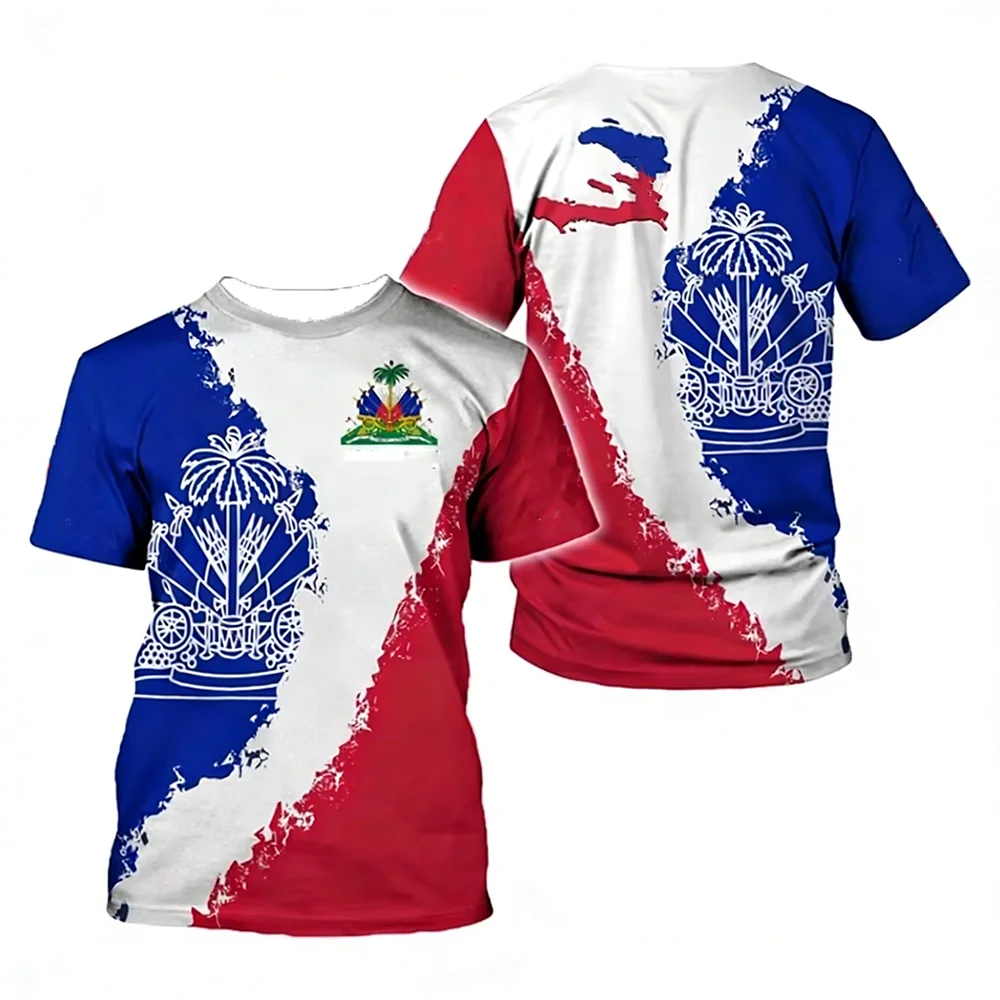 Haiti National Elements 3D Printed T-Shirt Patriotic Culture Casual Fabric T-Shirt Featuring National Flag Map And Emblem Design