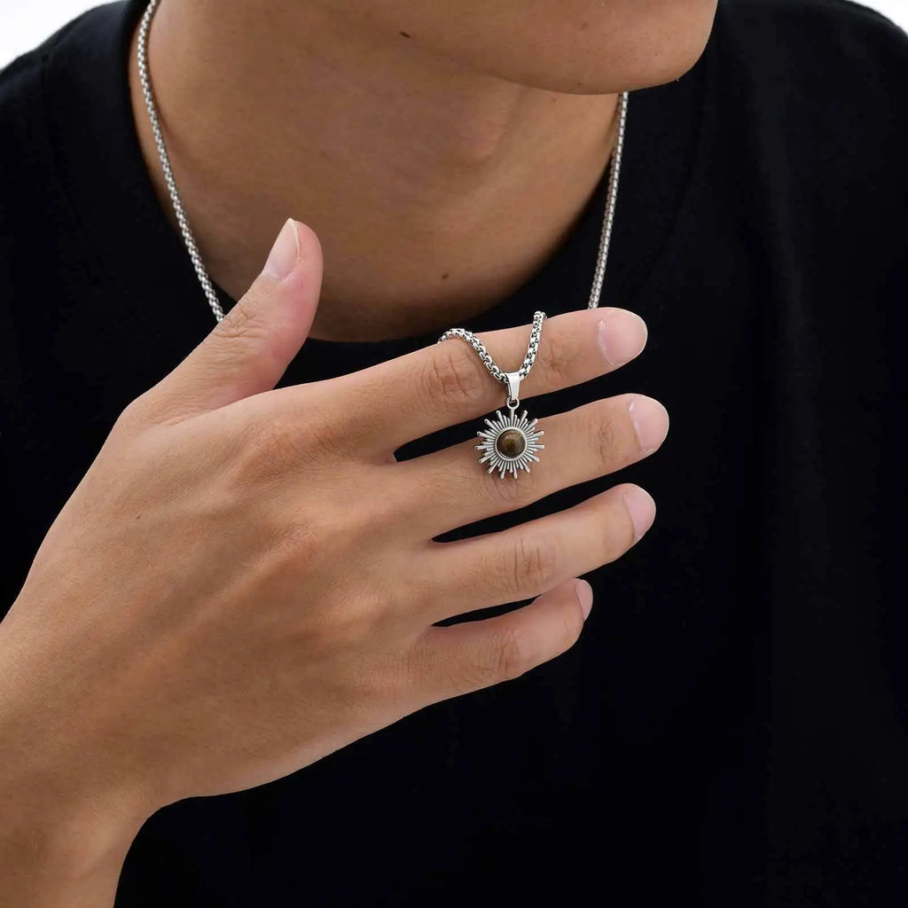 Trendy Sunflower Necklace for Men Boys,Stainless Steel Natural Stone Pendant,Jewelry Gift for Husband Dad Son BBF
