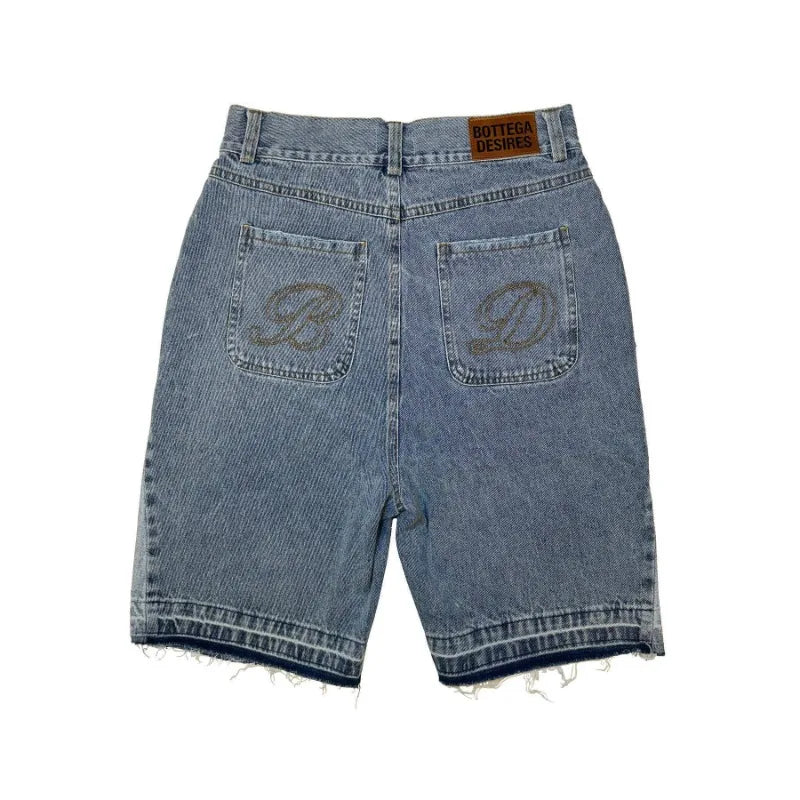 Deeptown Y2k Vintage Harajuku Denim Shorts Women Washed Letter Embroidery Tassels American Retro Jeans Man Baggy Hip Hop Jorts