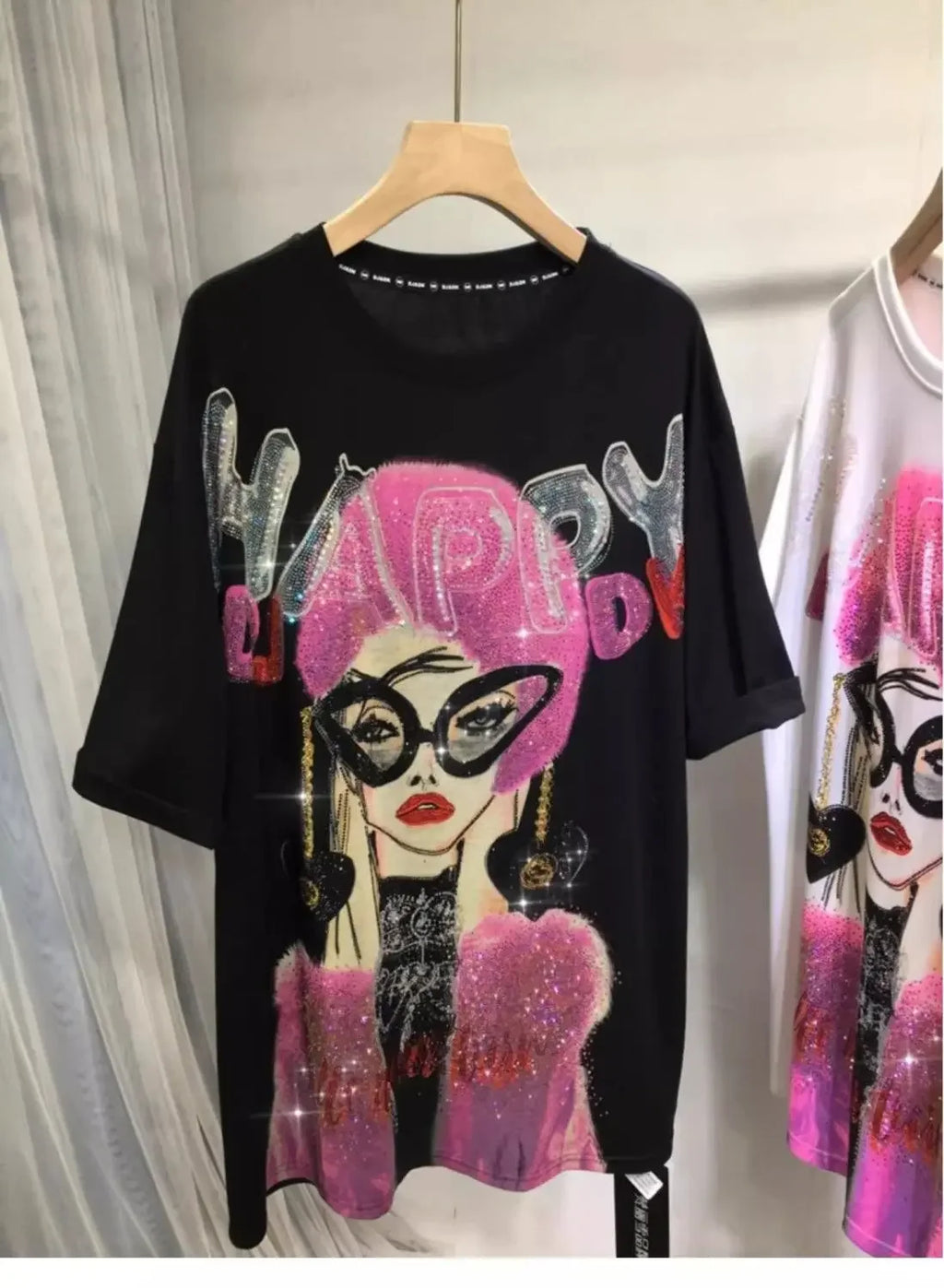 L-4XL Plus Size Casual T Shirts for Women Cartoon Lady Rhinestone Summer Short Sleeve Loose Tops Womens Clothing Женская Одежда