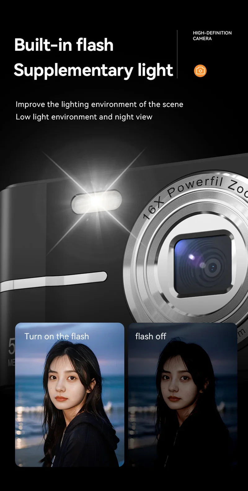 4K Digital Camera 50MP 16X Student Camera Outdoor Anti-Shake Digital Video Camera Flash Video Recorder Small Video Camera