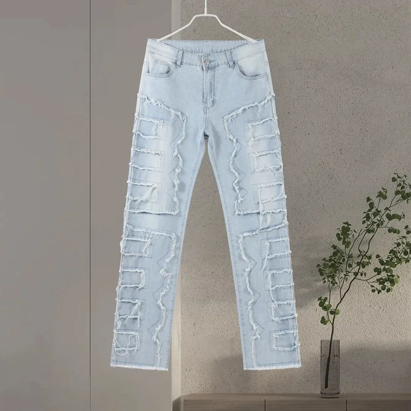 Men Jeans Ripped Vintage Tassel Wash Old Slim Stacked Patch Hip Hop Pencil Denim Man Pants 2026 Streetwear Male Long Trousers