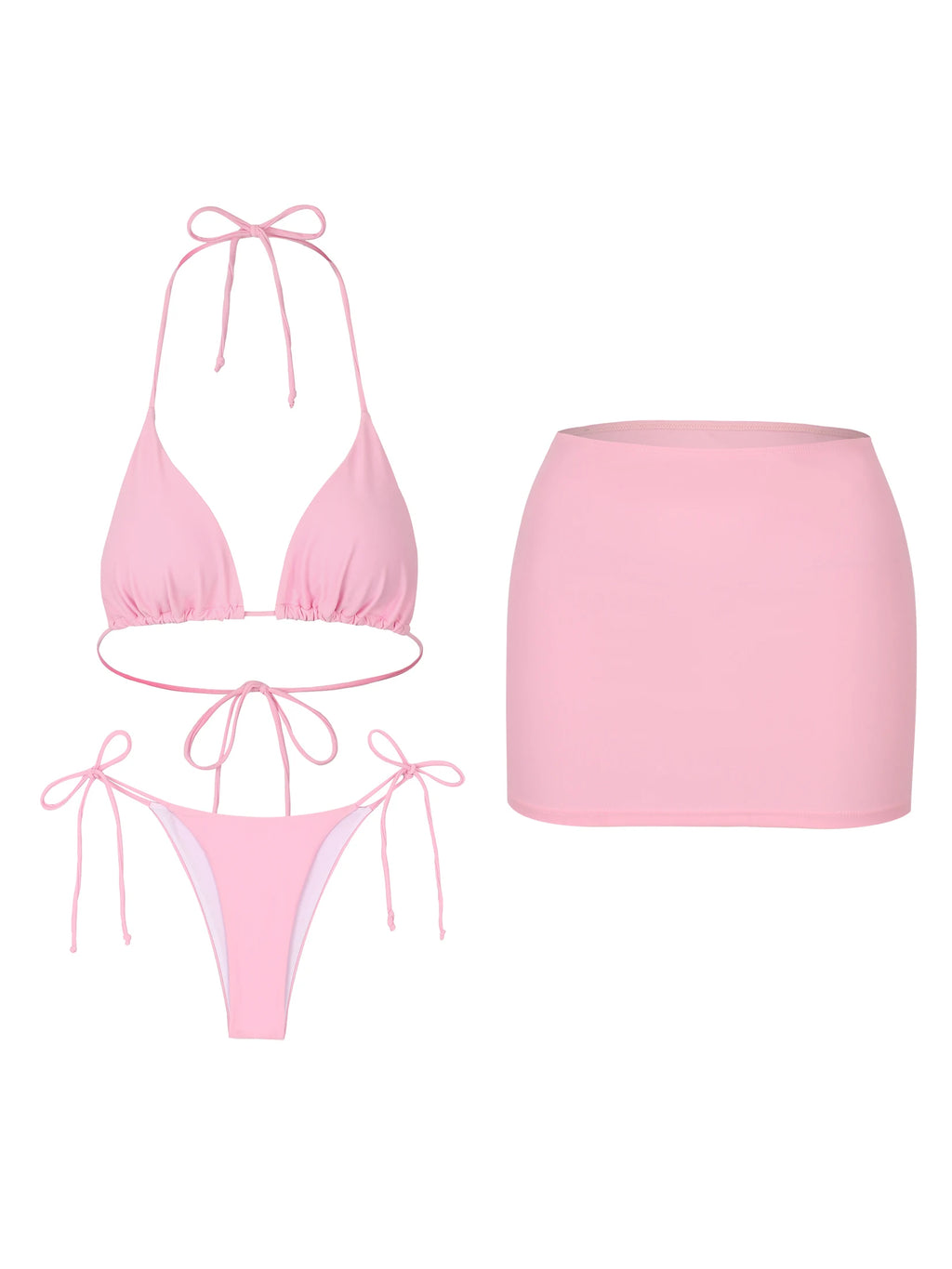 Sexy Women's 3 Piece Bikini Skirt Set Elegant Pink Halter Triangle Bikini Top Side Tie Mini Skirt 2026 Beachwear Swimsuit K302