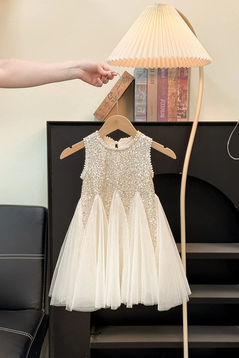 Girls Elegant Sequined Horn Skirt New Kid Party Dresses Baby Fashion Mesh Round Collar Sleeveless Skirt Western-style Vest Dress
