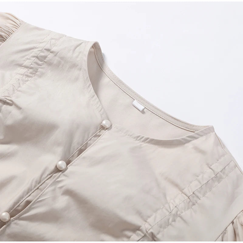 Elegant Chic Ruffle Hem Women's Shirt Flare Sleeve Single Breasted Drawstring Pleat Cropped Shirts 2026 Spring Summer Lady Top