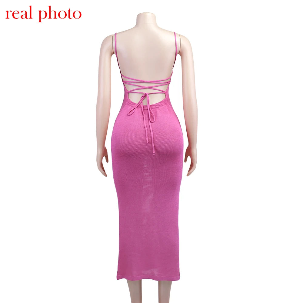 Cryptographic Sexy Backless Bandage Knitted Dress Elegant Outfits for Women Sleeveless Club Party Birthday Slip Dresses Clothes
