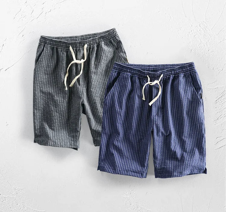 Summer Cotton Beach Shorts Pants For Men Casual Breathable Comfortable Striped Loose Drawstring Cropped Youth Man Shorts Pants