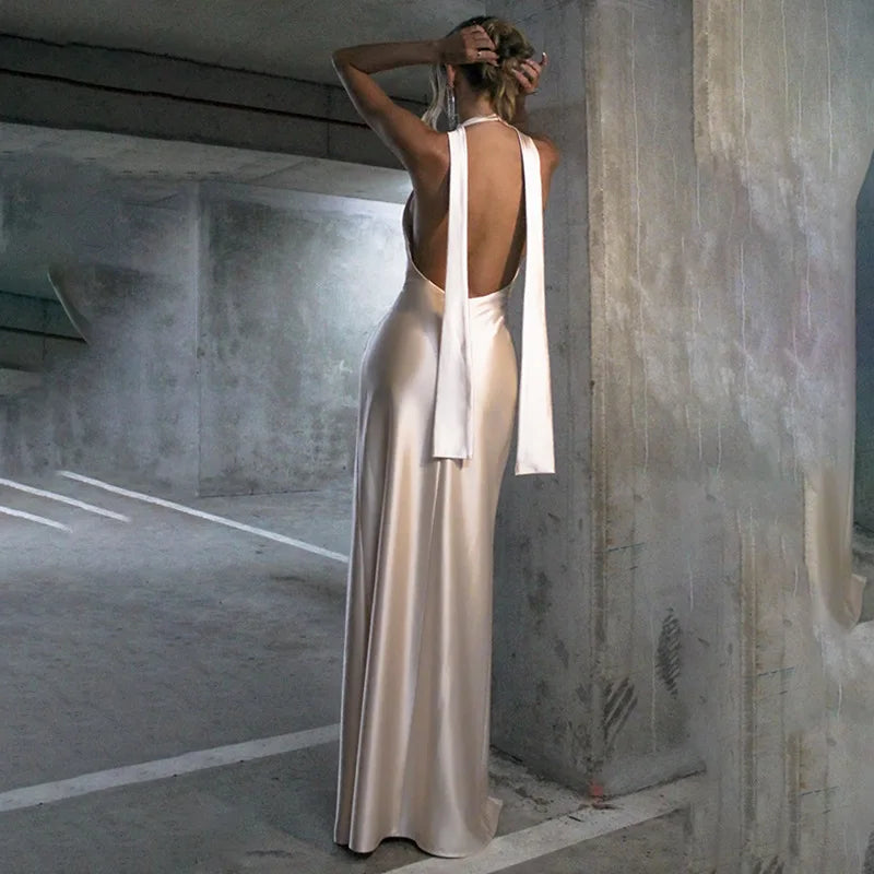 Women's Halter Neck Bandage Satin Long Dress Sexy Sleeveless Backless Package Hip Slit Party Dresses Female High Waist Gowns