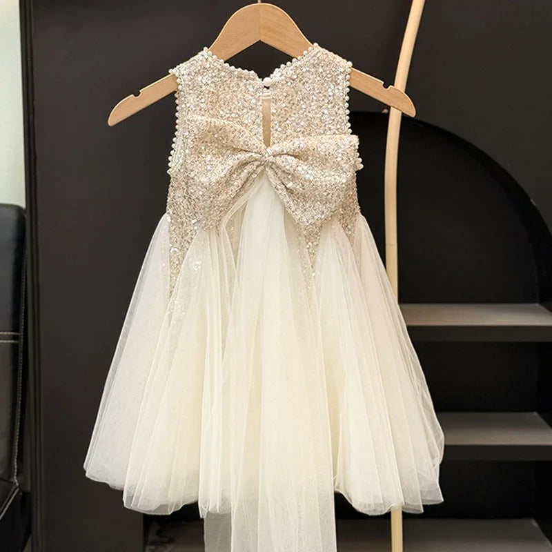 Girls Elegant Sequined Horn Skirt New Kid Party Dresses Baby Fashion Mesh Round Collar Sleeveless Skirt Western-style Vest Dress
