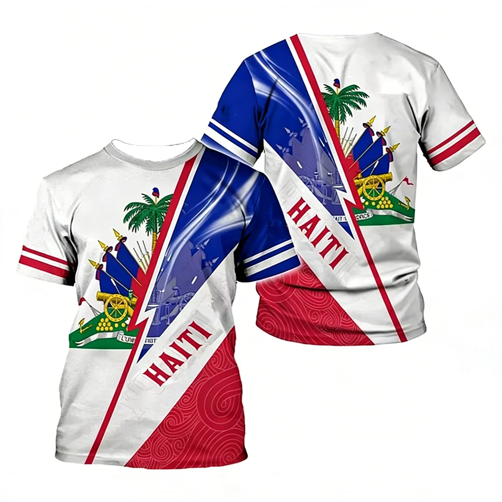 Haiti National Elements 3D Printed T-Shirt Patriotic Culture Casual Fabric T-Shirt Featuring National Flag Map And Emblem Design