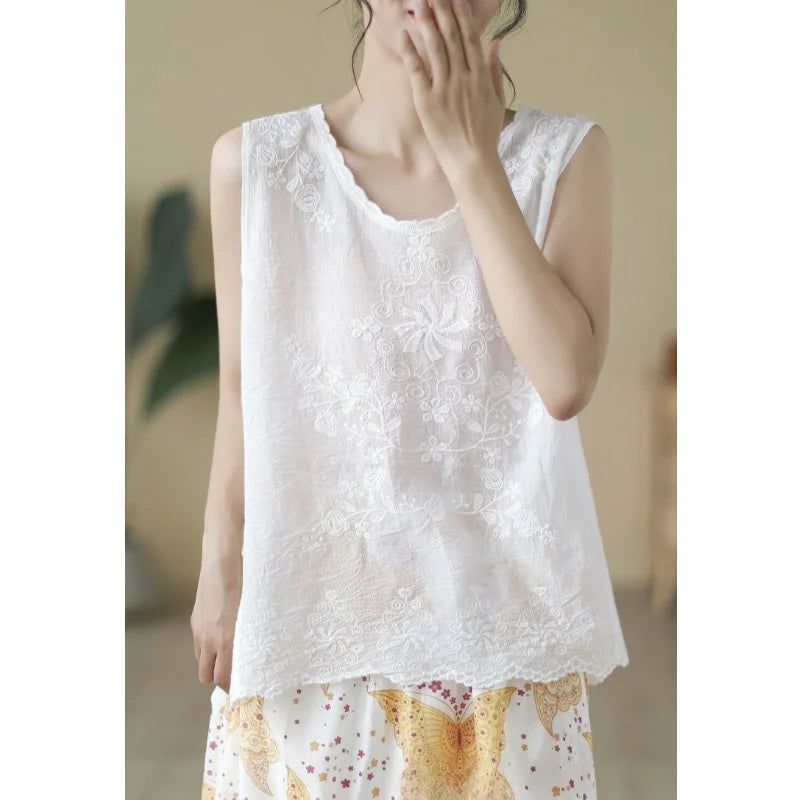 Loose Fit Embroidered Cotton Linen Svel Top Thin Sle Women's Tank Top Vest Brand New Goods Tailored for Summer