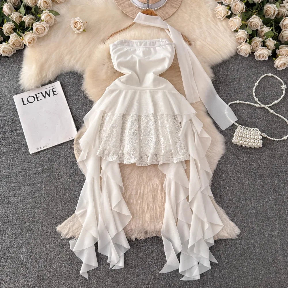 Foamlina French Style White Strapless Dress Women Summer Lace Irregular Flanged Ribbon Design Girl's Holiday Shopping Dresses