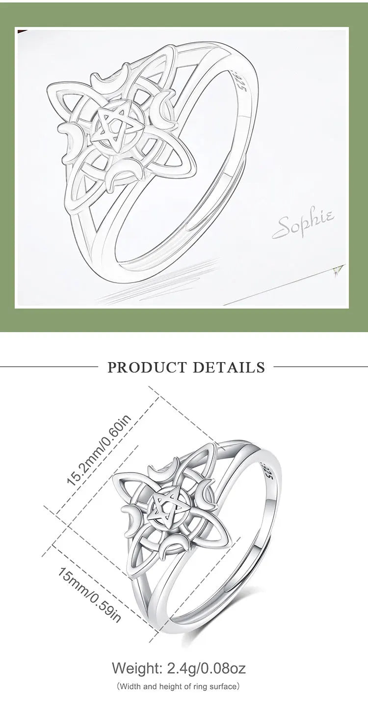 Eudora 925 Sterling Silver Witch Knot Adjustable Ring for Women Man Irish Celtic Knot Witchcraft Amulet Ring Wicca Jewelry Gift