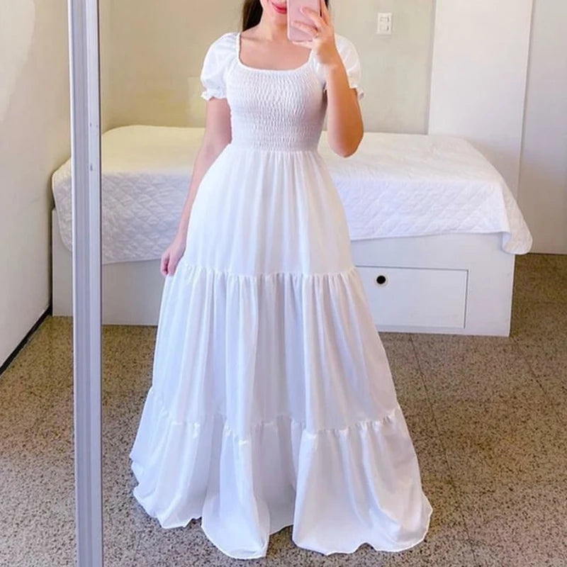 A Line Pleated Blue Princess Long Dresses Women Puff Sleeve High Waist Square Neck Maxi Dress Summer Solid Ruffles Party Dresses