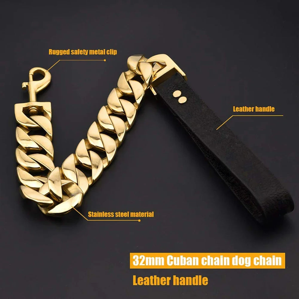 Stainless Steel Dog Leash Pet  Lead Traction  Super Strong Gold Collar Chain 32mm 19mm Bulldog Pitbull Large Dog Collar Leash