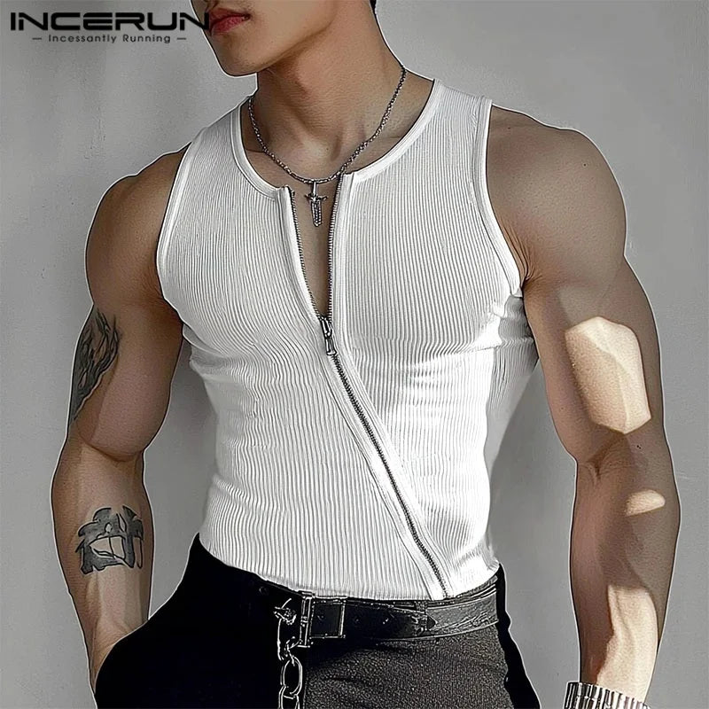 2025 Men Tank Tops Solid Color Knitted Zipper Sleeveless Male Vests Summer Streetwear Skinny Fashion Men Clothing S-3XL INCERUN