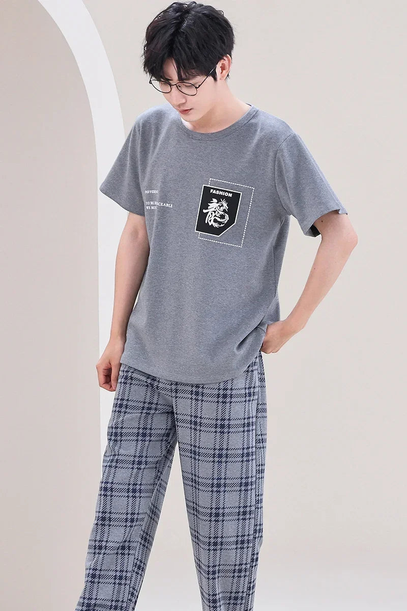 SUKAE Mens Plus Size L-5XL Homewear Summer Cotton Short Sleeve Full Pants Pajamas Set for Man Leisure Sleepwear Trendy Nightwear