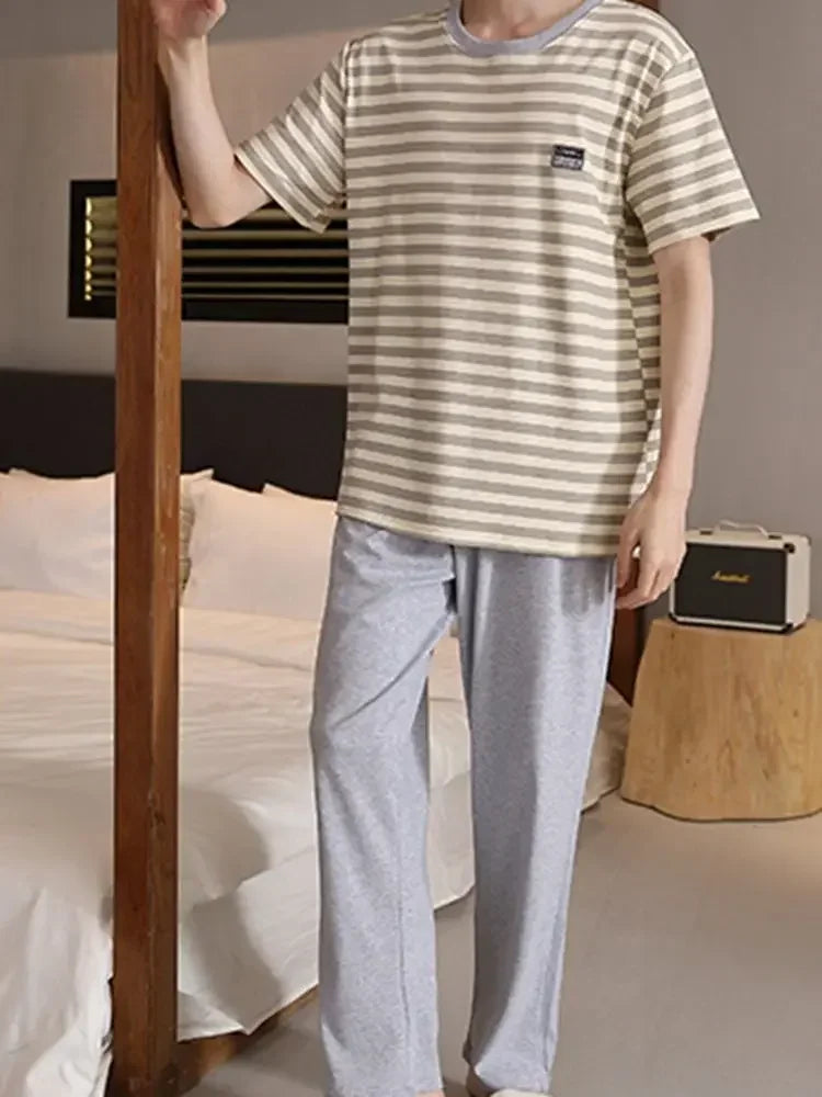 SUKAE Mens Plus Size L-5XL Homewear Summer Cotton Short Sleeve Full Pants Pajamas Set for Man Leisure Sleepwear Trendy Nightwear