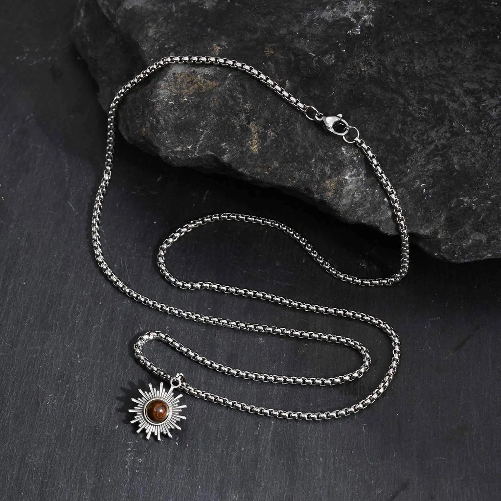 Trendy Sunflower Necklace for Men Boys,Stainless Steel Natural Stone Pendant,Jewelry Gift for Husband Dad Son BBF