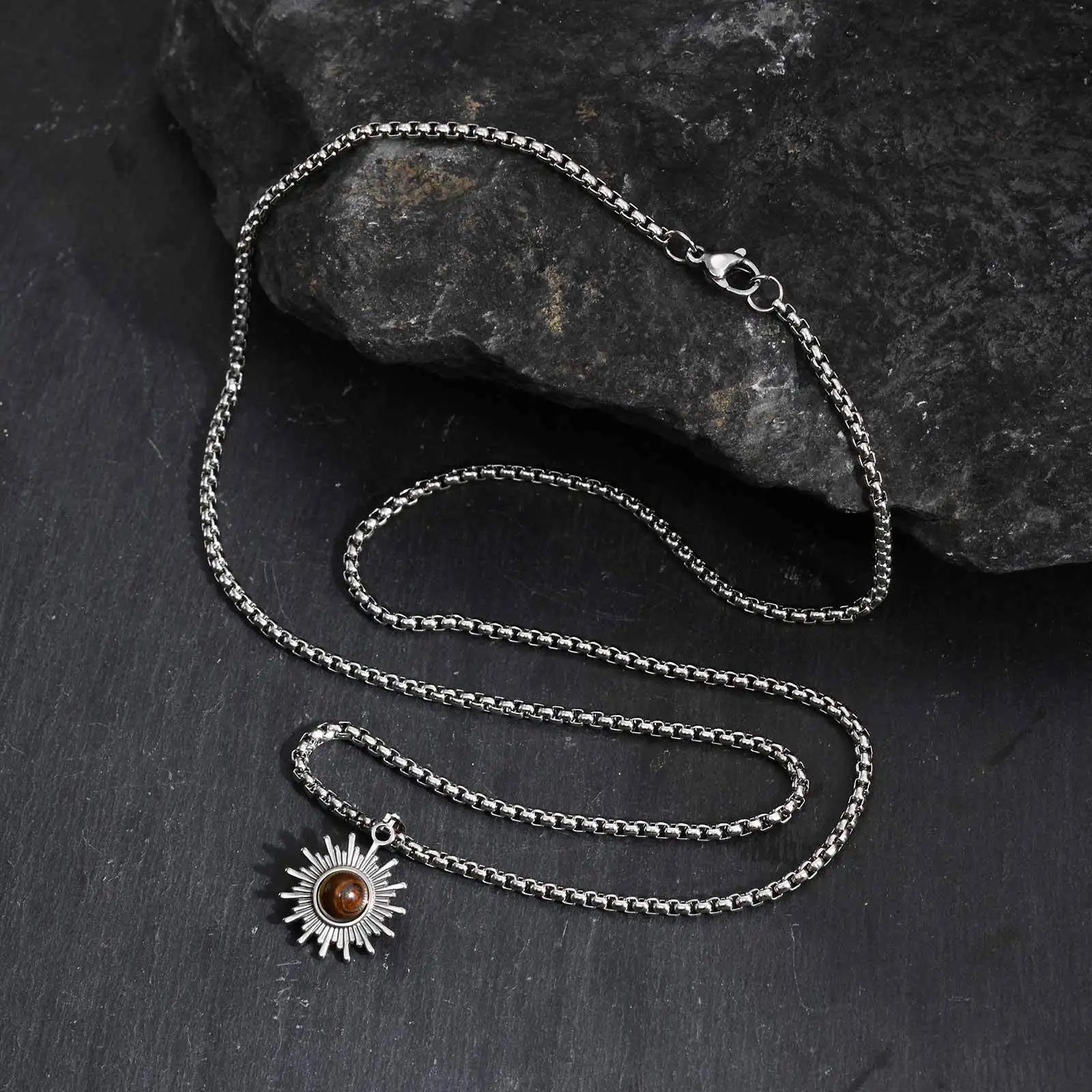 Trendy Sunflower Necklace for Men Boys,Stainless Steel Natural Stone Pendant,Jewelry Gift for Husband Dad Son BBF