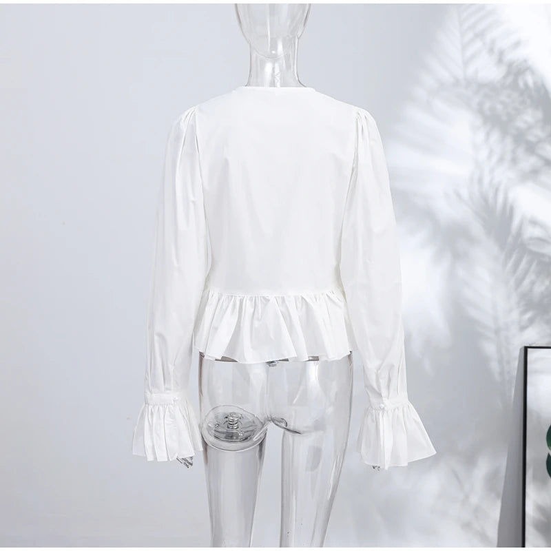 Elegant Chic Ruffle Hem Women's Shirt Flare Sleeve Single Breasted Drawstring Pleat Cropped Shirts 2026 Spring Summer Lady Top