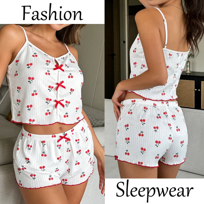 Women's Summer Spaghetti Strap Top and Shorts Pajama Sets Ladies Cherry Heart Print Sleepwear Cute Bowknot Sexy Loungewear S-XL