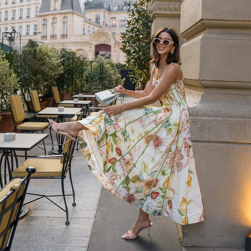 Elegant Printed Women's Dress Sleeveless Halter Waist-Closed A-Line Lady Dresses 2026 Spring Summer Female Robe New