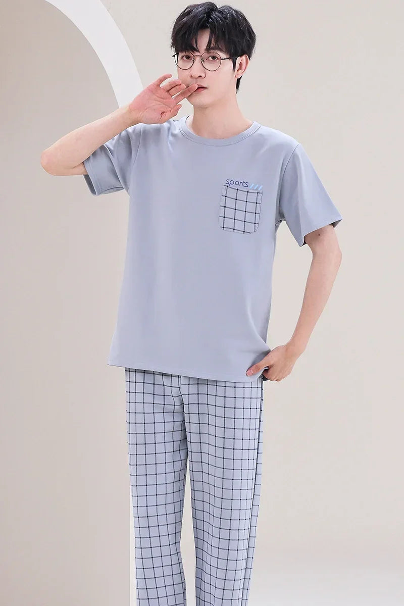 SUKAE Mens Plus Size L-5XL Homewear Summer Cotton Short Sleeve Full Pants Pajamas Set for Man Leisure Sleepwear Trendy Nightwear