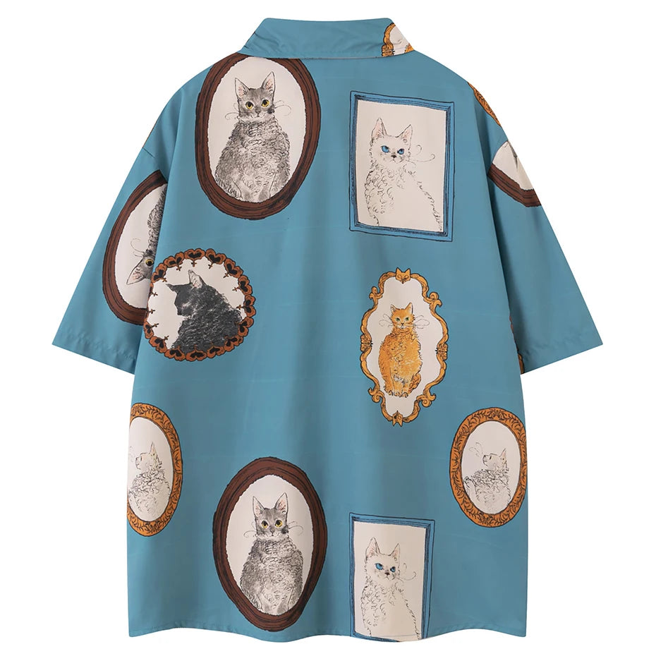 Cat Graphic Shirts Men's 2026 Summer Loose Short Sleeve Shirts Button Up Blouse Oversized Streetwear Fashion Shirts Man