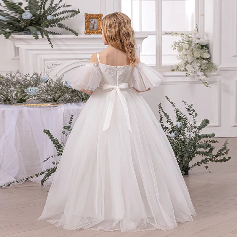 Girl's Ceremonial Dress White Wedding Bridesmaid First Communion Gown Teenagers Girls Graduation Birthday Party Princess Dress