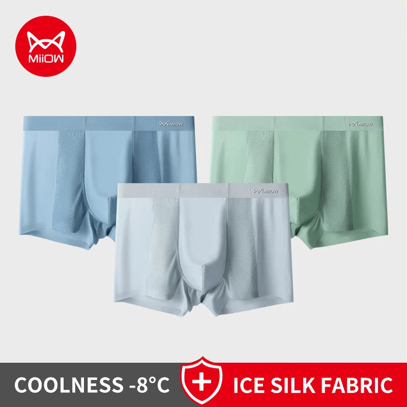 MiiOW 3Pcs Summer Ice Silk Men Boxer Underwear Seamless Mesh Breathable Men's Panties Cotton Crotch Man Underpants Man Boxers