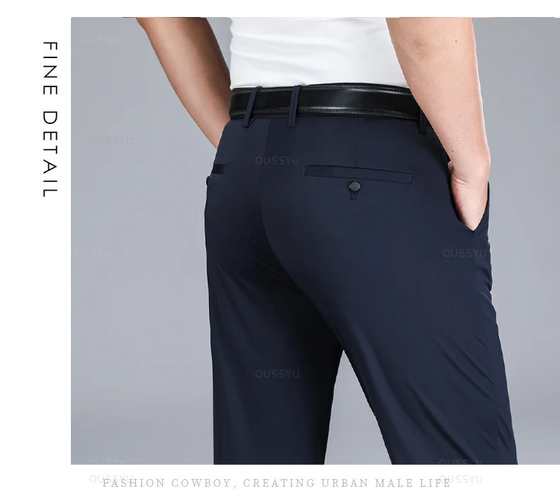 Summer High Stretch Business Suit Pants Men Thin Solid Color Straight Casual Formal Office Trousers Male Plus Size 35 40