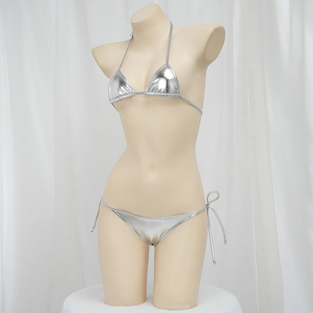 Sexy Bikini 2025 Women Gold Laser Fabric Bikini Low Waist Triangle Bikinis Sets Bandage Lingerie Swimsuit Swimwear Underwear